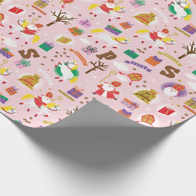 Sinterklaas with white horse, gifts and chocolate wrapping paper (Corner)