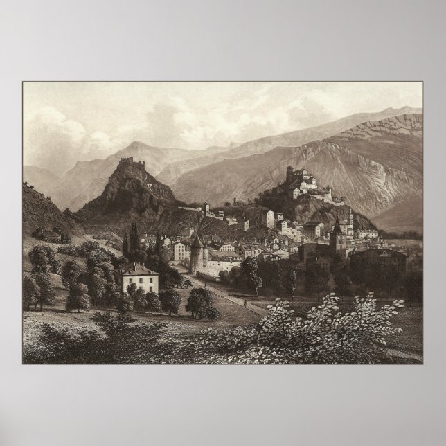Sion in Switzerland from Antique Print (Front)