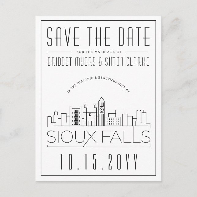 Sioux Falls Wedding Stylised Skyline Save the Date Postcard (Front)