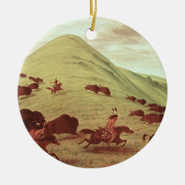 Sioux Indians hunting buffalo, 1835 (oil on canvas Ceramic Ornament (Front)