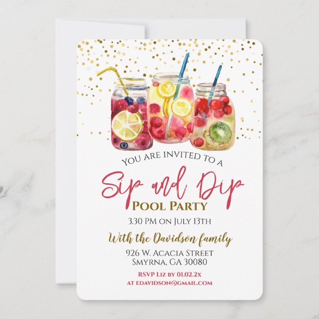 Sip and Dip Fruit Cocktail Pool Party Invitation (Front)