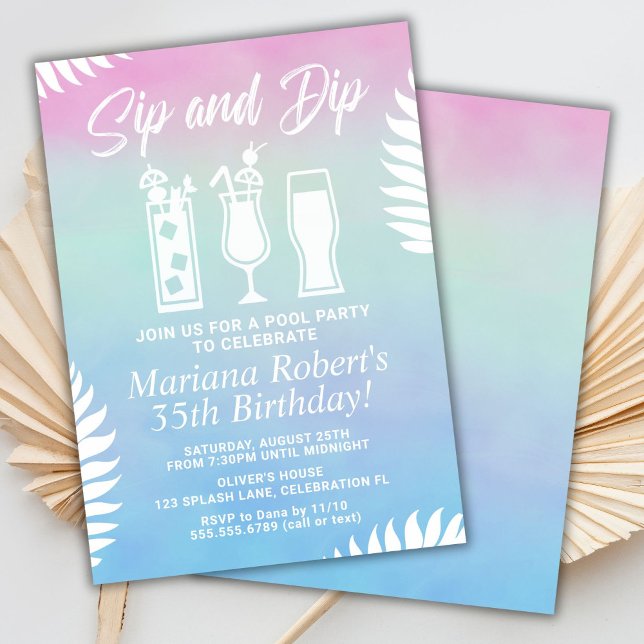 Sip and Dip Pool Party Birthday Party Invitation (Creator Uploaded)