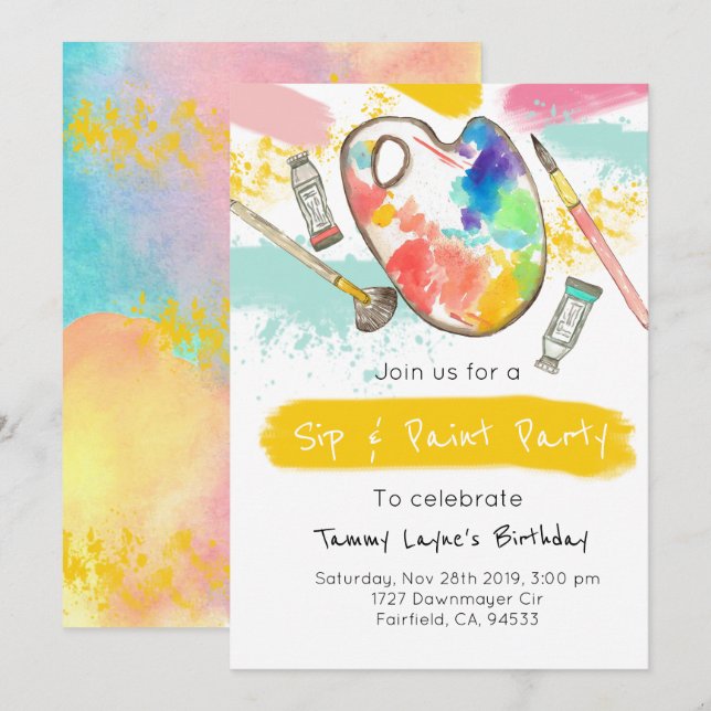 Sip and paint adult birthday party invite (Front/Back)