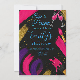 Sip and Paint Black & Pink Birthday Invitation 