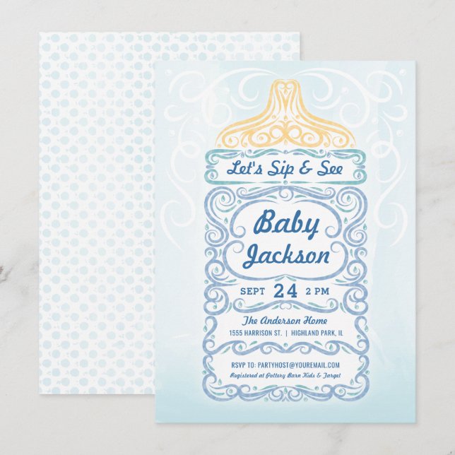 Sip and See Baby Bottle Boy Invitation (Front/Back)