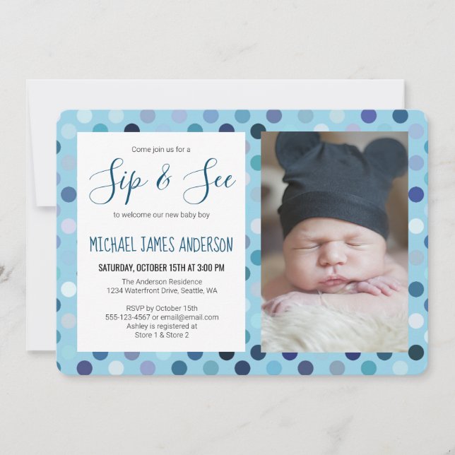 Sip and See Baby Boy Photo Blue Polka Dot Invitation (Front)