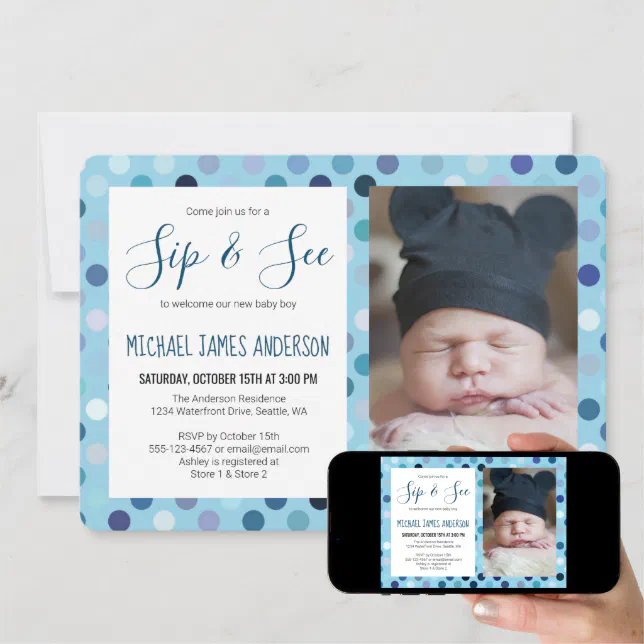 Sip and See Baby Boy Photo Blue Polka Dot Invitation Zazzle