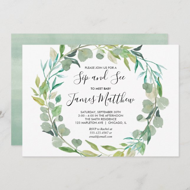 Sip and See baby boy shower invitations, greenery Invitation (Front/Back)