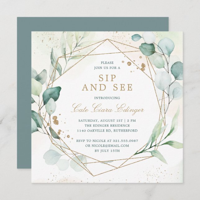 Sip and See Baby Eucalyptus Greenery Geometric Invitation (Front/Back)
