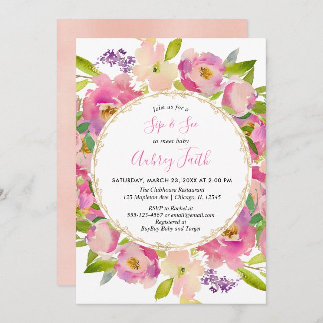 Sip and See baby girl blush pink pastel floral Invitation (Front/Back)