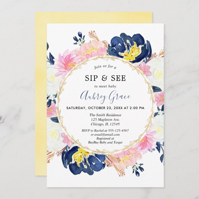 Sip and See Baby girl navy blue blush pink gold Invitation (Front/Back)