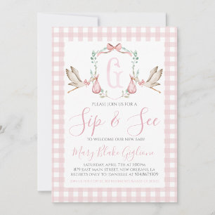 Sip and See Baby Girl Watercolor Stork Invitation