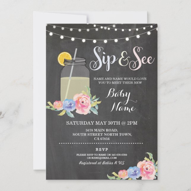 Sip and See Baby Shower Floral Chalk Rustic Invite (Front)