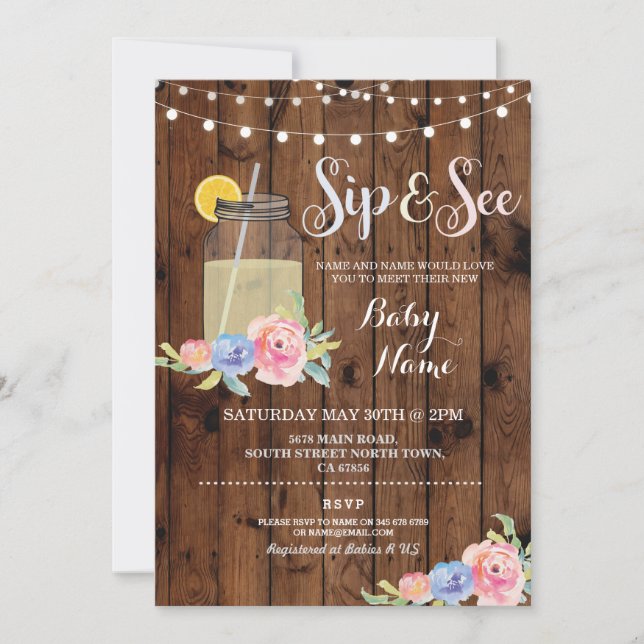 Sip and See Baby Shower Floral Wood Rustic Invite (Front)