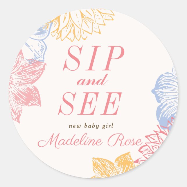 Sip and See Baby Shower Label Modern Floral (Front)