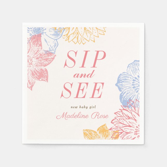Sip and See Baby Shower Label Modern Floral Napkin (Front)