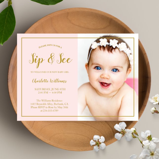 Sip and See Baby Shower Pink Gold Glitter Photo Invitation (Creator Uploaded)