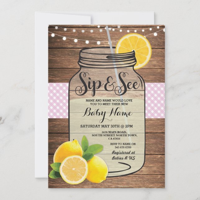 Sip and See Baby Shower Wood Rustic Pink Invite (Front)