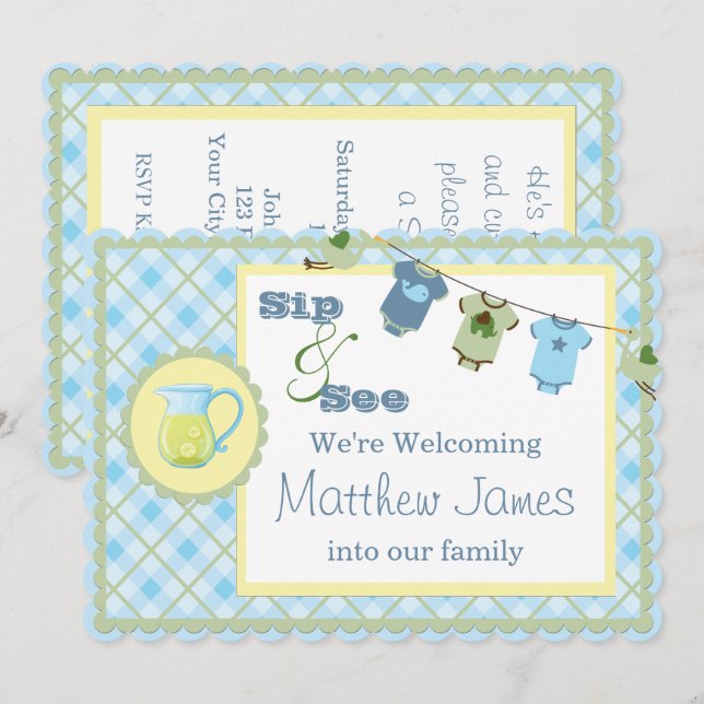 Sip and See  Blue Gingham Bunting Baby Shower Invitation (Front/Back)