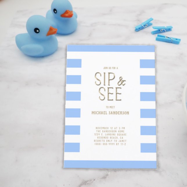 Sip and See Blue Striped Baby Boy Invitation Postcard (Creator Uploaded)