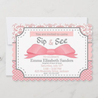 Sip and See for Girl Baby with Bow Pink and Grey