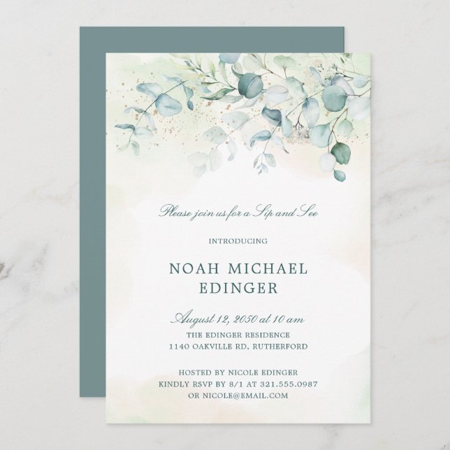 Sip and See Gender Neutral Eucalyptus Greenery Invitation (Front/Back)