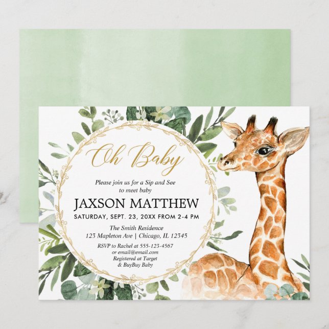 Sip and See Giraffe baby shower, meet and greet Invitation (Front/Back)