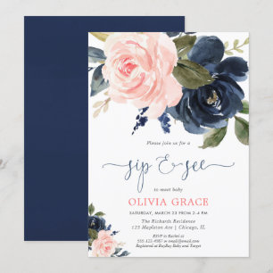 Sip and see girl blush pink navy blue floral invitation