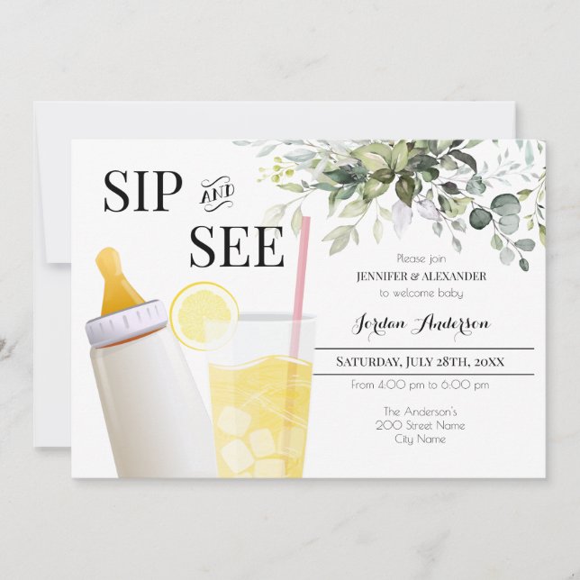 Sip and See Greenery Welcome Baby Invitation (Front)