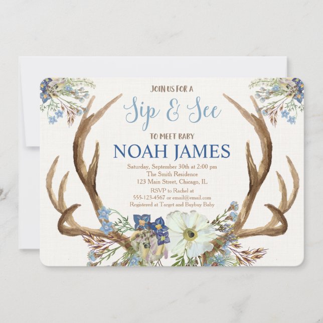 Sip and See Meet and Greet boy invitation boho (Front)