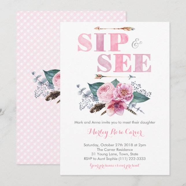 Sip and See Meet New Baby Girl Party Invitation (Front/Back)