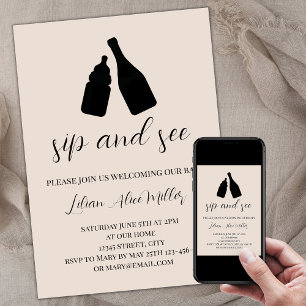 Sip And See Minimalist Modern Beige Baby Shower Invitation