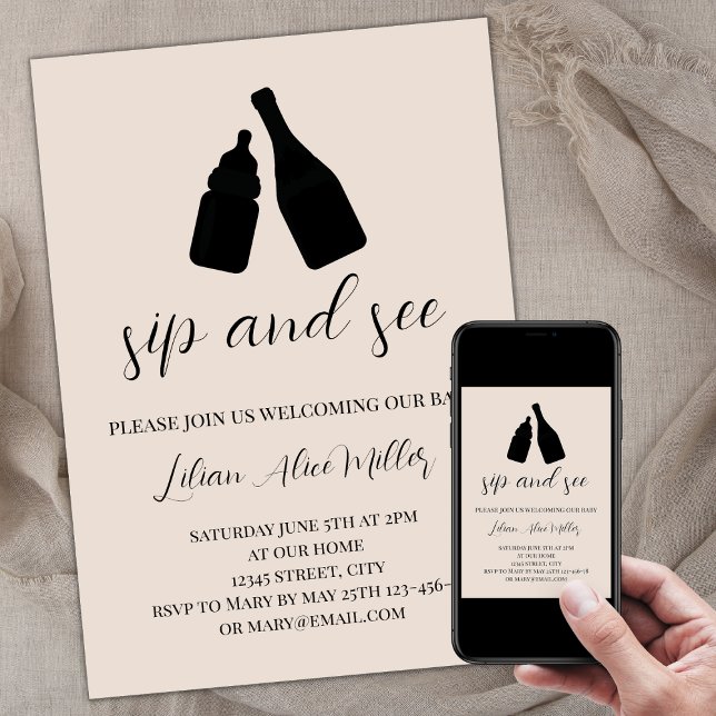 Sip And See Minimalist Modern Beige Baby Shower Invitation (Sip and see invitation, gender neutral beige, baby bottle champagne silhouettes, minimalist elegant)