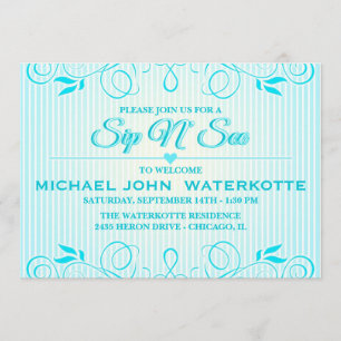 Sip and See Modern Blue Flourish Stripes Invite