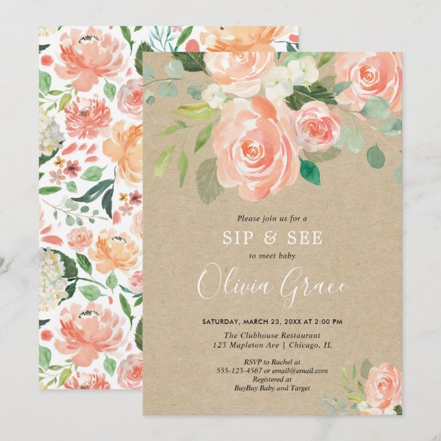 Sip and see peach rustic kraft greenery girl baby invitation (Front/Back)