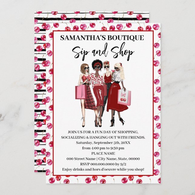 Sip and Shop Pop Up Shop Cherry Invitation (Front/Back)