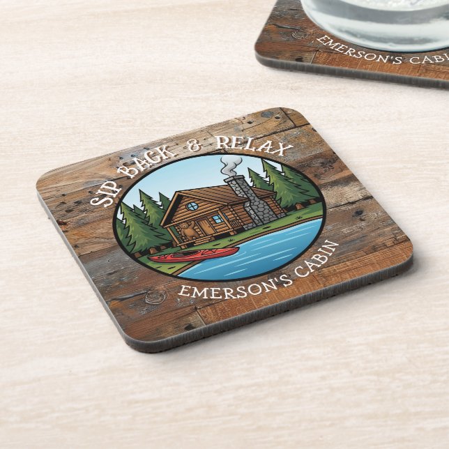 Sip Back and Relax Log Cabin Personalised Coaster (Left Side)