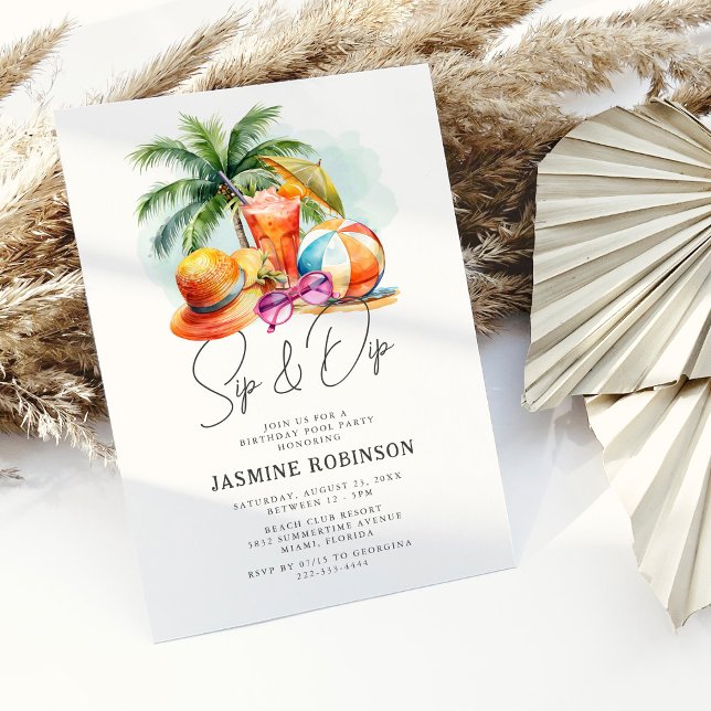 Sip & Dip Adult Birthday Pool Party  Invitation (Creator Uploaded)