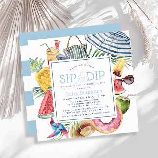 Sip & Dip Pool Party Umbrella Blue Bridal Shower Invitation