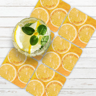 "Sip Happens" Fun Lemon Slice Cocktail Set of 6 Square Paper Coaster