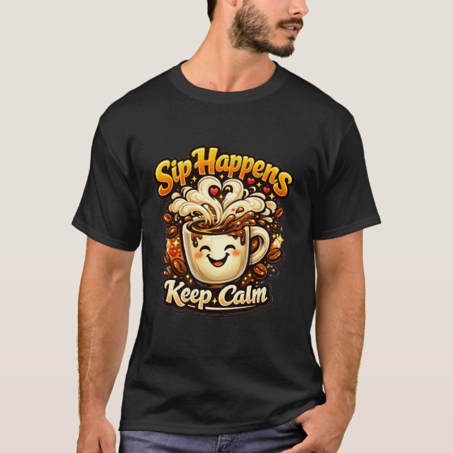 Sip Happens Keep Calm Funny Coffee Lover Quote T-Shirt (Front)