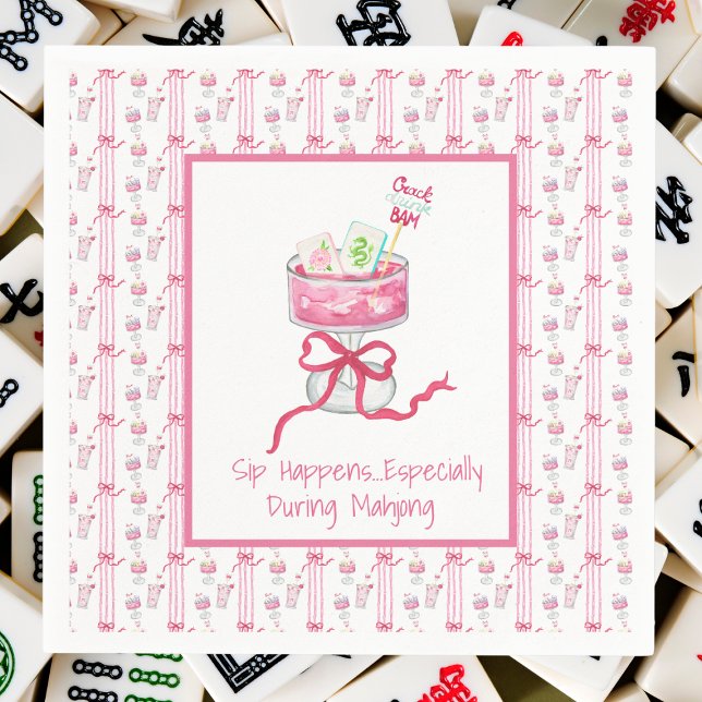 Sip Happens Mahjong Pink Drink Watercolor Tiles Napkin (Creator Uploaded)