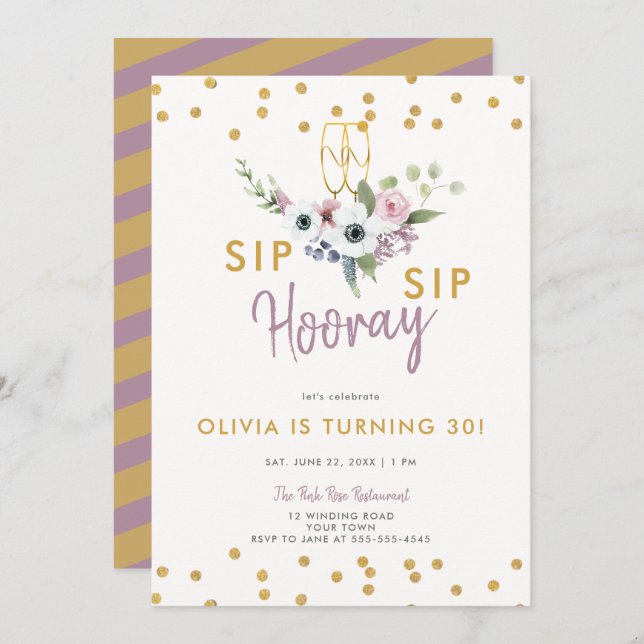 Sip Hooray Bubbly Floral Roses Gold 30th Birthday Invitation (Front/Back)