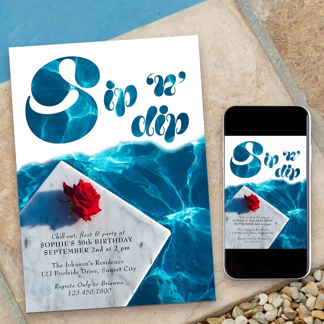 Sip n Dip Pool Party Groovy Typography Summer Invitation (Sip n Dip Pool Party Invitation which you can customize for any age birthday or summer event)