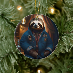 "Sip 'n' Slow: The Cozy Sloth in a Drinking Jacket Ceramic Ornament