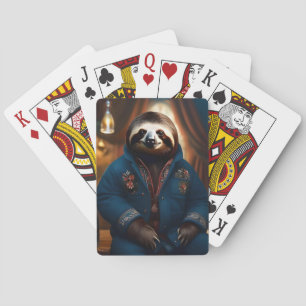 "Sip 'n' Slow: The Cozy Sloth in a Drinking Jacket Playing Cards