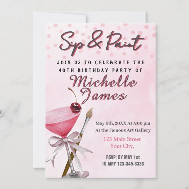 Sip & Paint 40th Birthday party Invitation (Front)