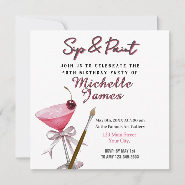 Sip & Paint Art 40th Birthday Invitation (Front)
