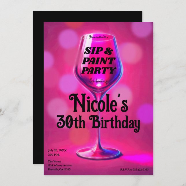 Sip & Paint Pink Wine Glass Adult Birthday Party Invitation (Front/Back)