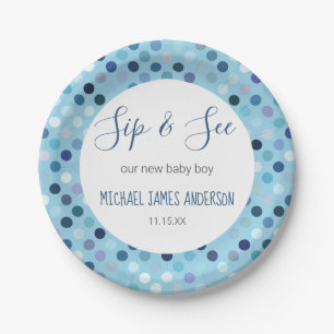 Sip & See Baby Boy Shower Blue Polka Dots Paper Plate